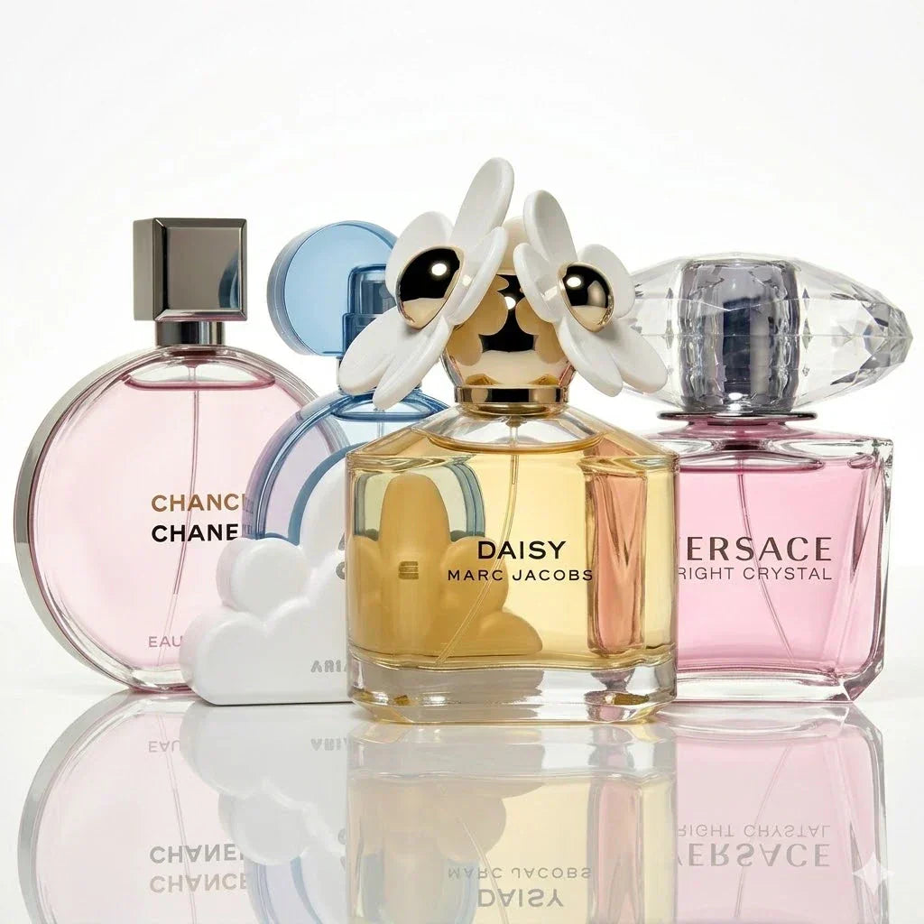 Coffret de 4 parfums | Chanel Chance Eau Tendre, Ariana Grande Cloud, Marc Jacobs Daisy, Versace Bright Crystal.