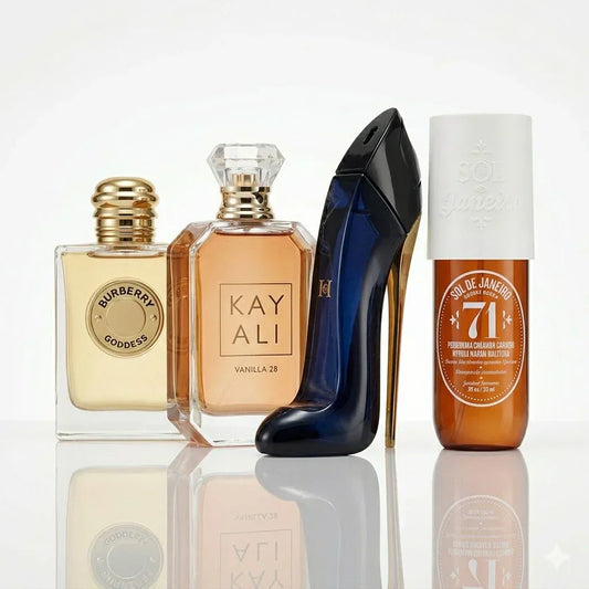 Coffret de 4 parfums | Burberry Goddess, Kayali Vanilla 28, CH Good Girl, Sol de Janeiro '71.