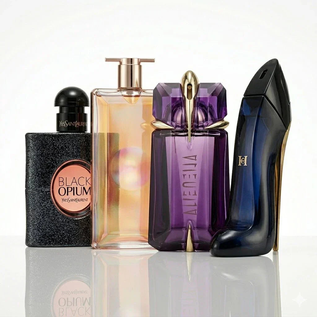 Coffret de 4 parfums | YSL Black Opium, Lancôme Idôle, Mugler Alien, Carolina Herrera Good Girl.