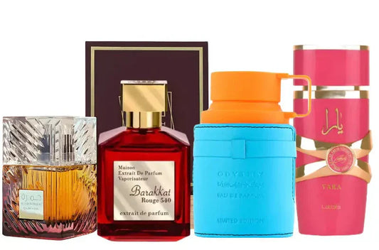 Coffret de 4 parfums | Khamrah Dukhan, Yara Candy, Rouge 540, Mandarina Sky